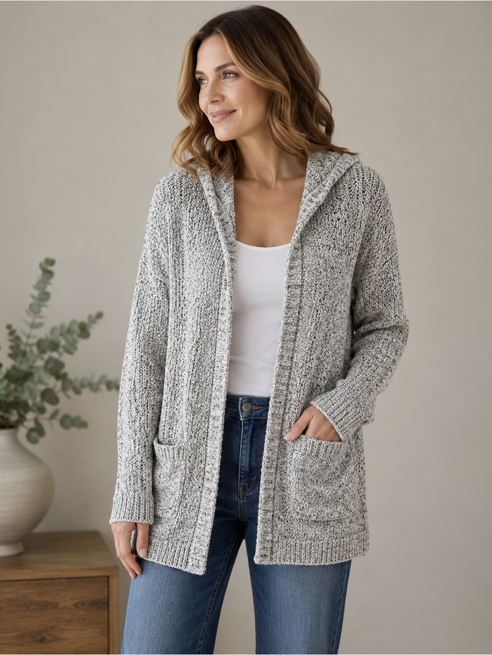 Mudd Gray Marled Knit Hooded Open Front Cardigan Sweater XL Pockets